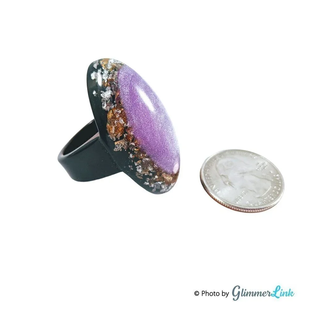 Vintage Resin Purple & Black Glittery Oval Statement Ring